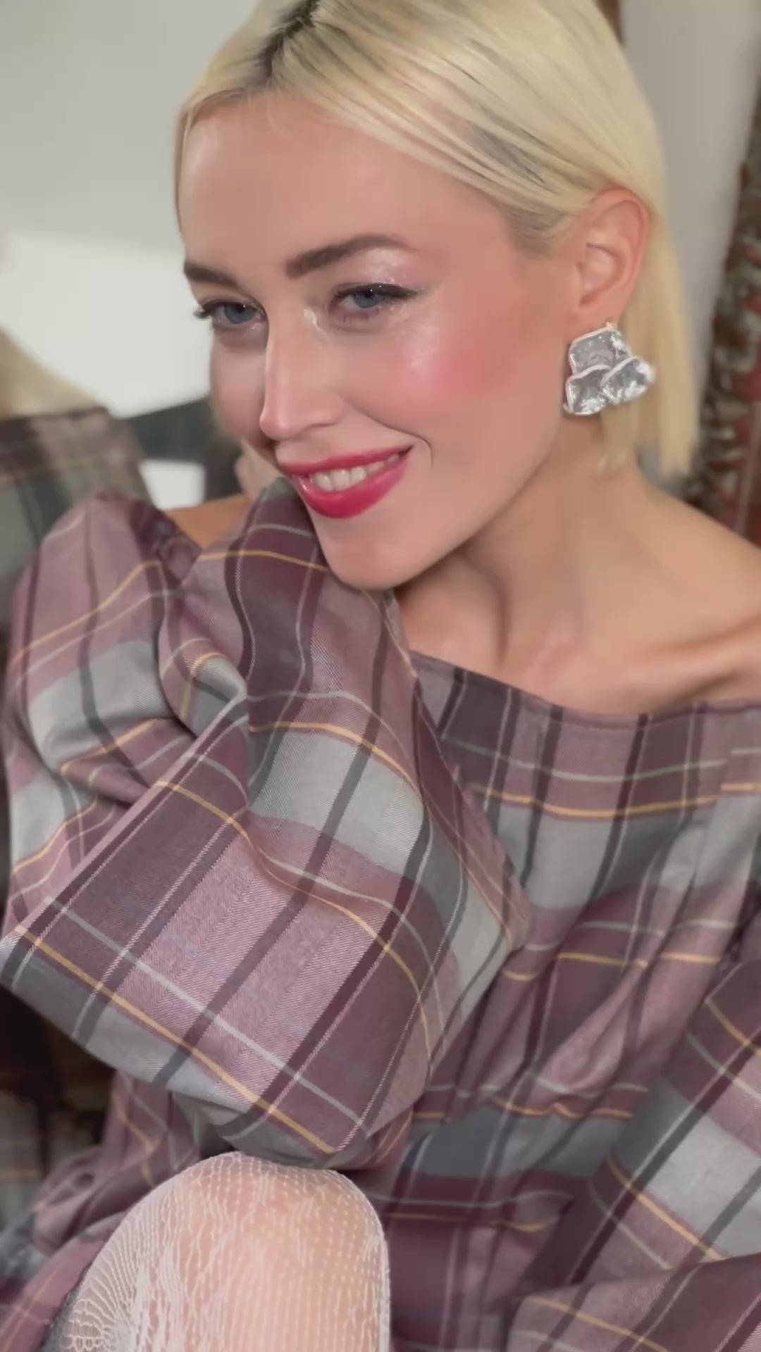 Abito corto tartan grigio e lilla