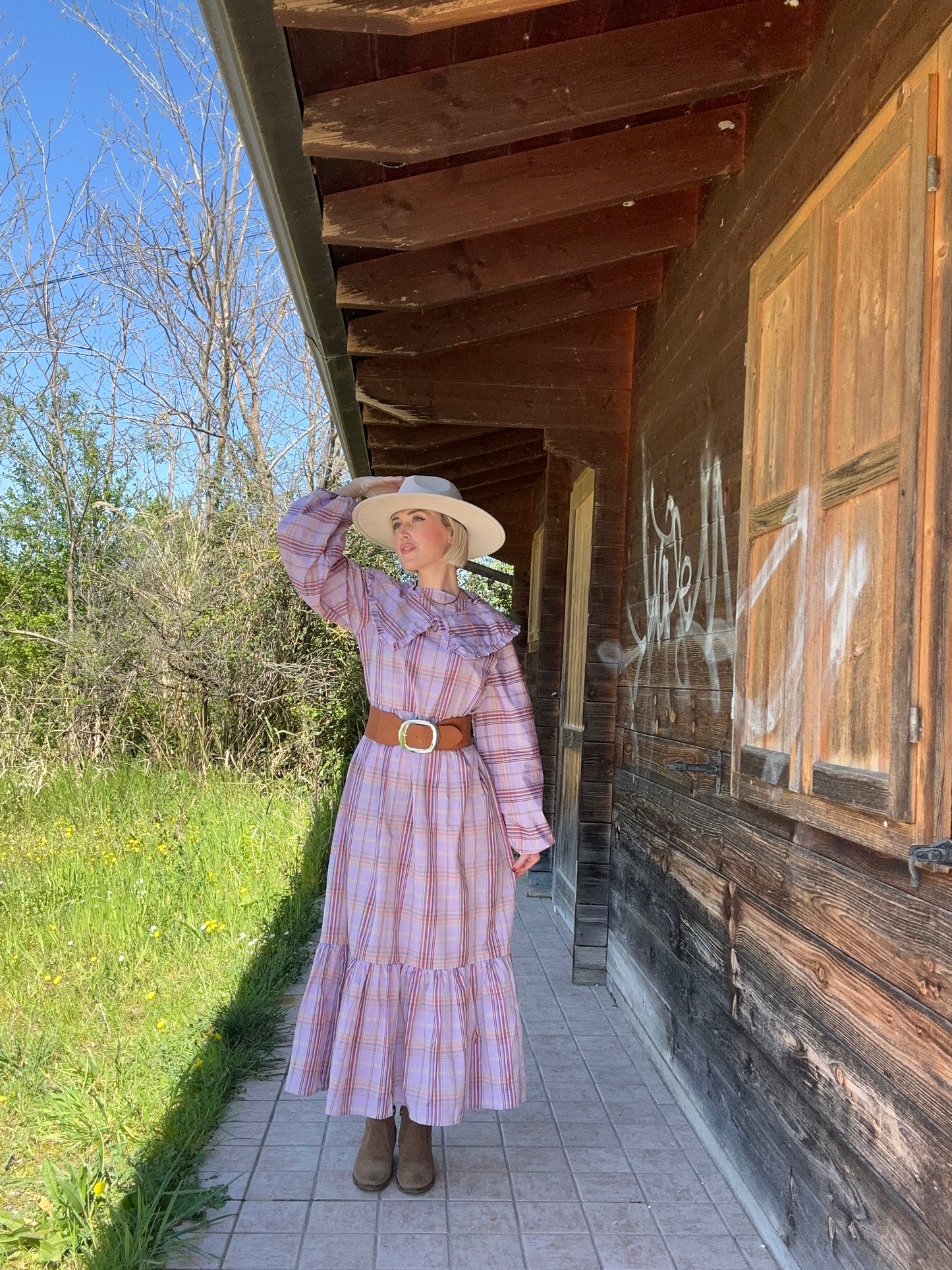 Abito lungo con colletto Tartan rosa