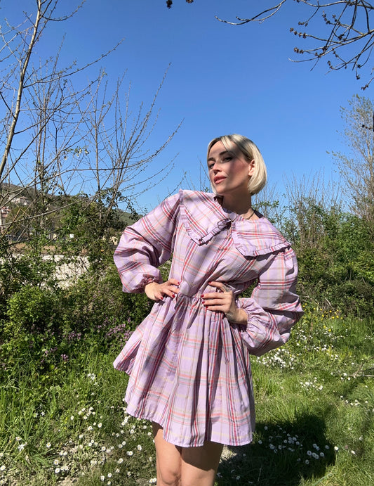 Abito corto con colletto tartan rosa